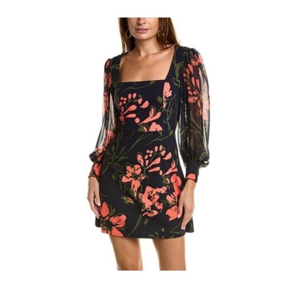Hutch Navy Orange Floral Square Neck Puff Sleeve Mini Dress 10137 Womens 8